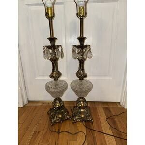 Vintage Hollywood Regency table lamps. Ornate Brass And Cut Glass. Crystal Prism